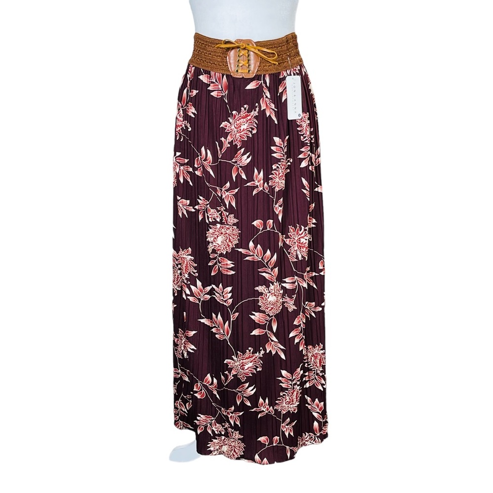 Jon & Anna Contemporary Burgundy Floral Boho Pleated Maxi Skirt Small NWT
